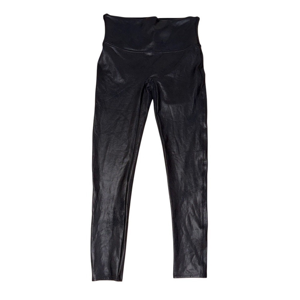 SPANX Leggings Womens Petite PL Black Faux Leather High Waisted Shaping wet look